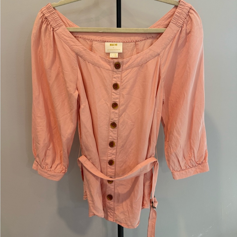 Anthropologie Maeve Belted Blouse Linen Blend Off Shoulder Button Pink US Size 4 - Picture 3 of 9